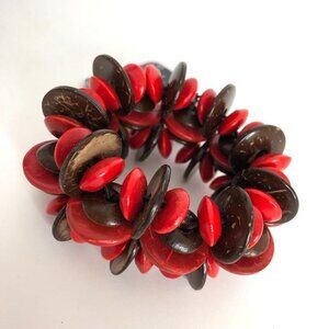 Wood Circular Discs Brown & Red Stretch Bracelet Paparazzi NWT